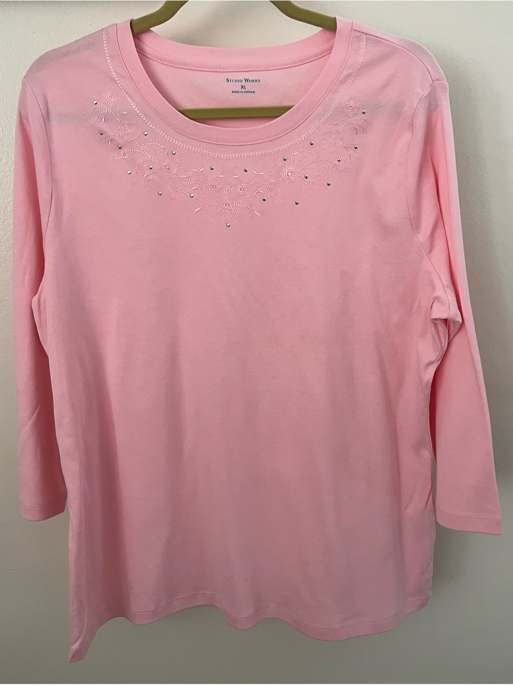 Style Works 3/4 Sleeve Embroidered Tshirt XL Pink NEW